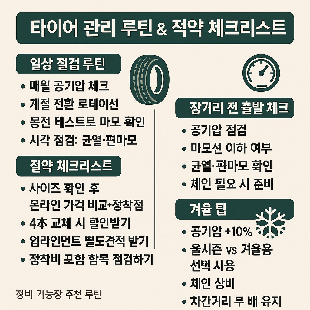 타이어 관리 루틴 및 절약 체크리스트 인포그래픽