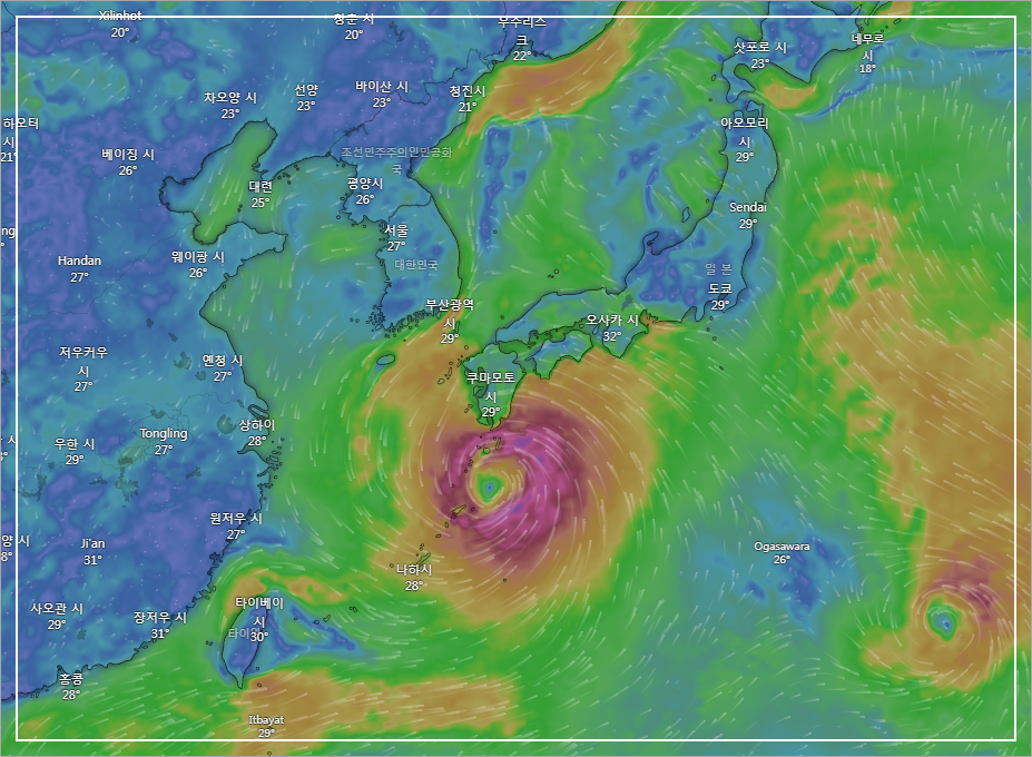 실시간 태풍 위치 확인(2023년 8월 8일 10시 상황, 이미지 Windy)