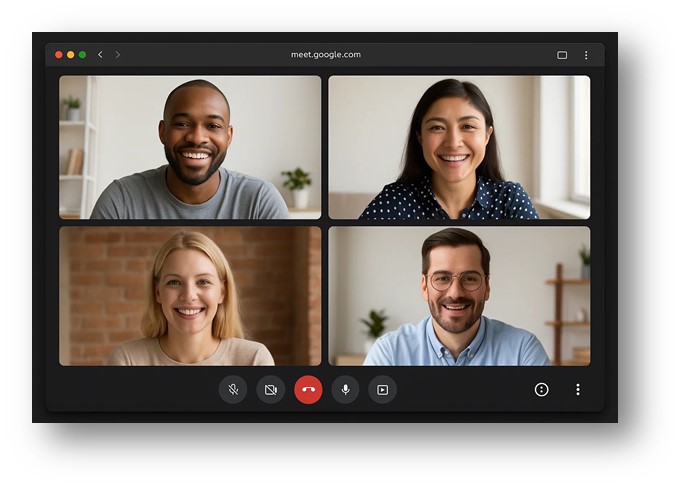 구글 미트를 사용해서 직원들이 얼굴을 함게 보면서 발게 대화하는 모습