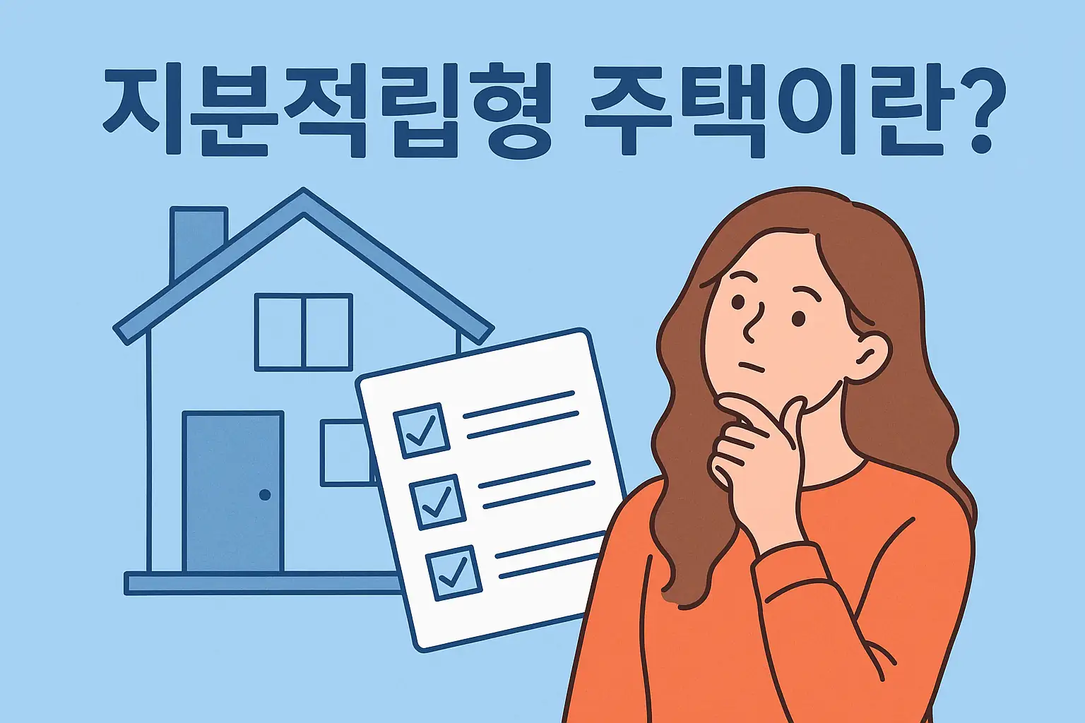 지분적립형 주택 개념을 설명하는 체크리스트와 고민하는 여성 일러스트 썸네일