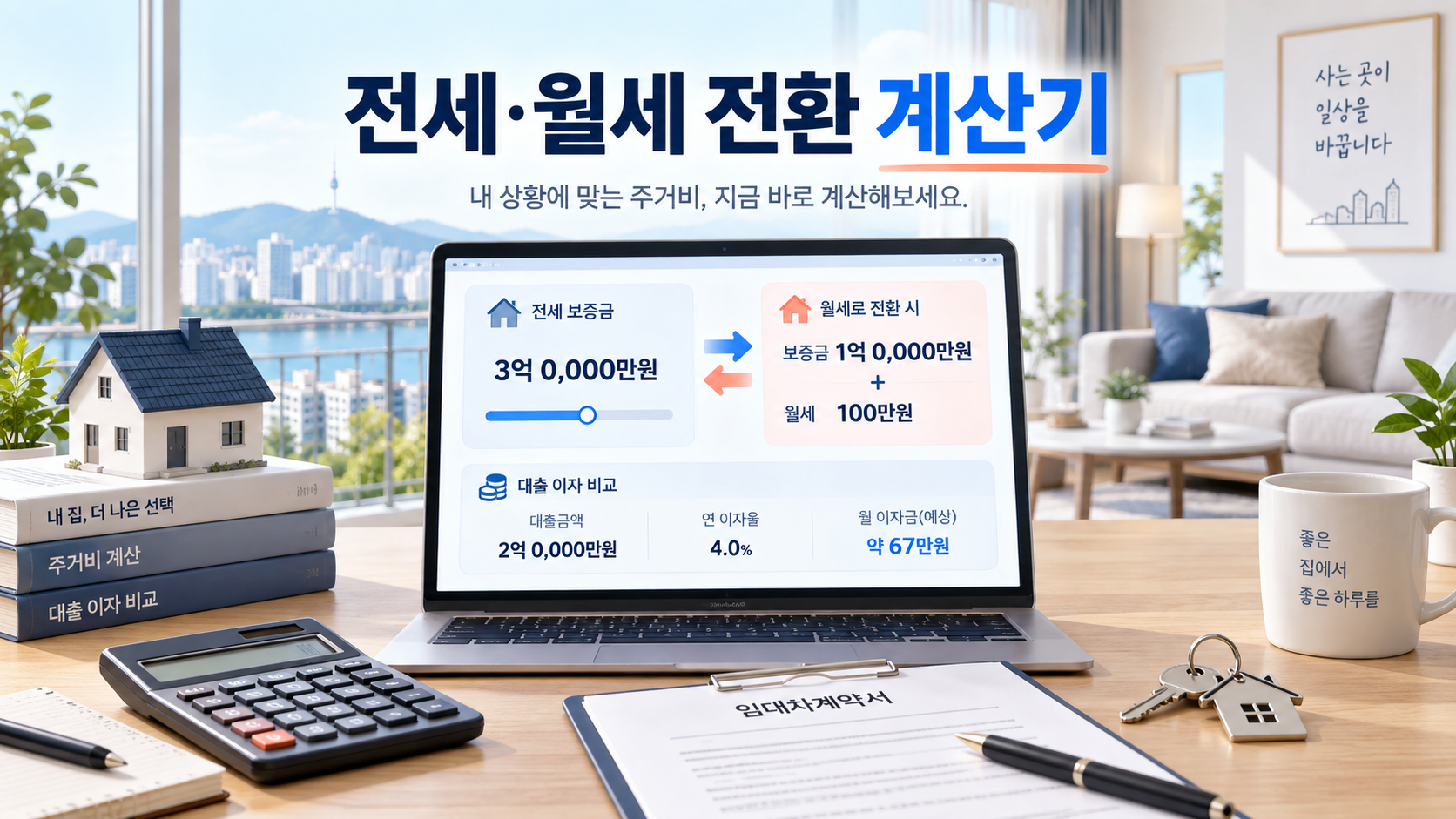 월세 전환 계산기 - 보증금 조정 월세와 대출이자 비교