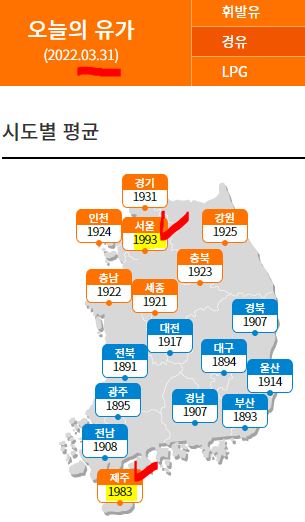 한국 각지역 경유 가격