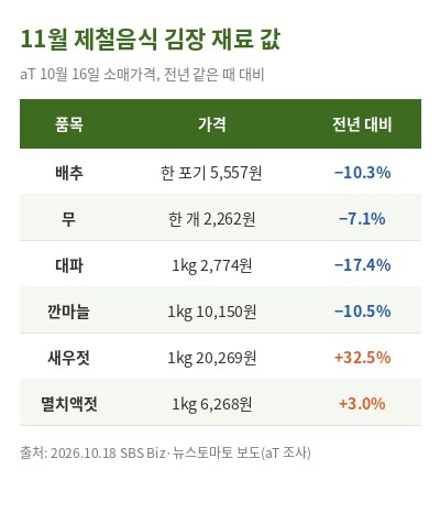 11월 제철음식 김장 재료 가격표