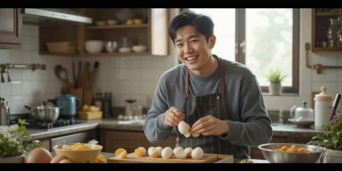 아침에 삶은 계란을 까며 미소 짓는 남성
