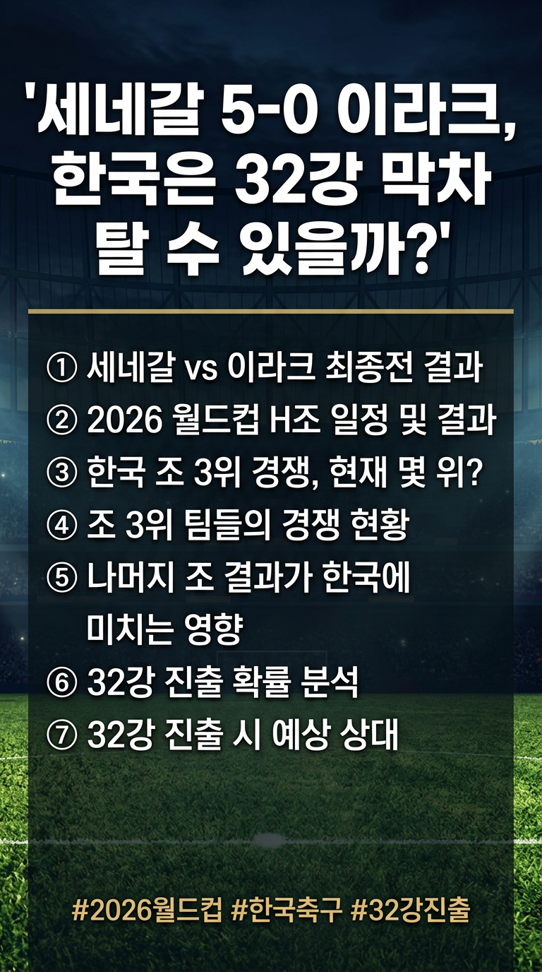 세네갈, 이라크 경기 결과, 월드컵 h조 경기 시간 및 결과 예측, 카보베르데 순위, 한국 조3위 경쟁 몇 위? 32강 확률 분석