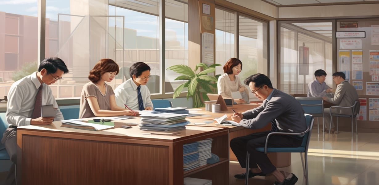 서류 검토 중인 시민들과 담당자들의 회의 모습