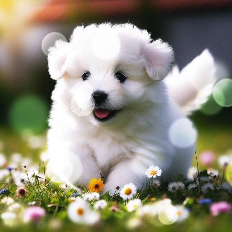 꽃밭위에-있는-흰색-강아지
