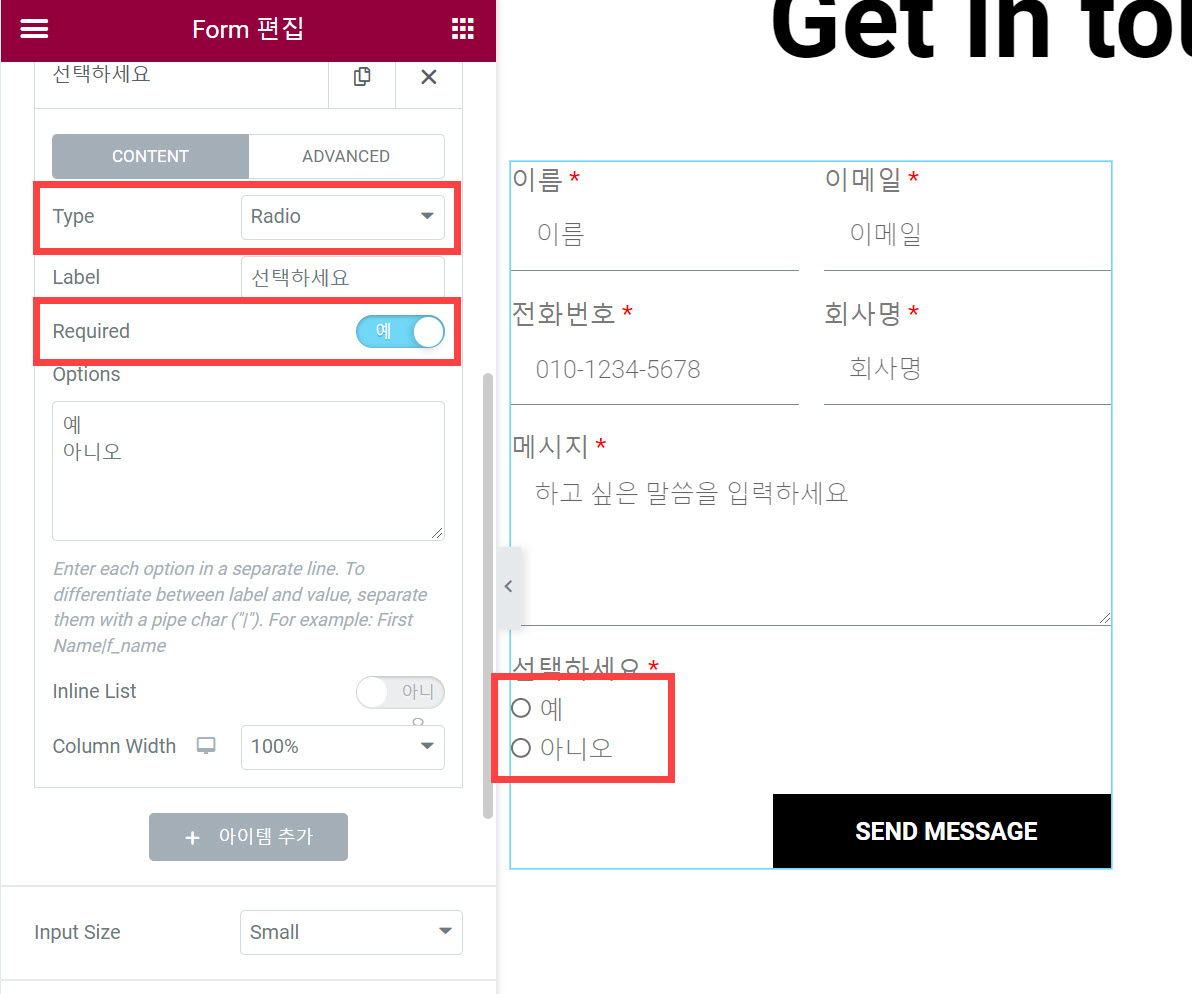 엘리멘터 프로 문의 위젯 - 라디오 필드