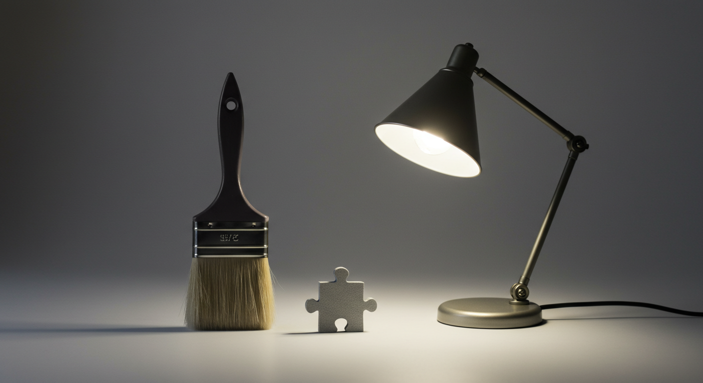 스타일·조명·일관성을 상징하는 세 개의 브러시/램프/퍼즐 조각