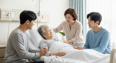 병원에서 고령층 환자를 돌보는 가족의 따뜻한 순간