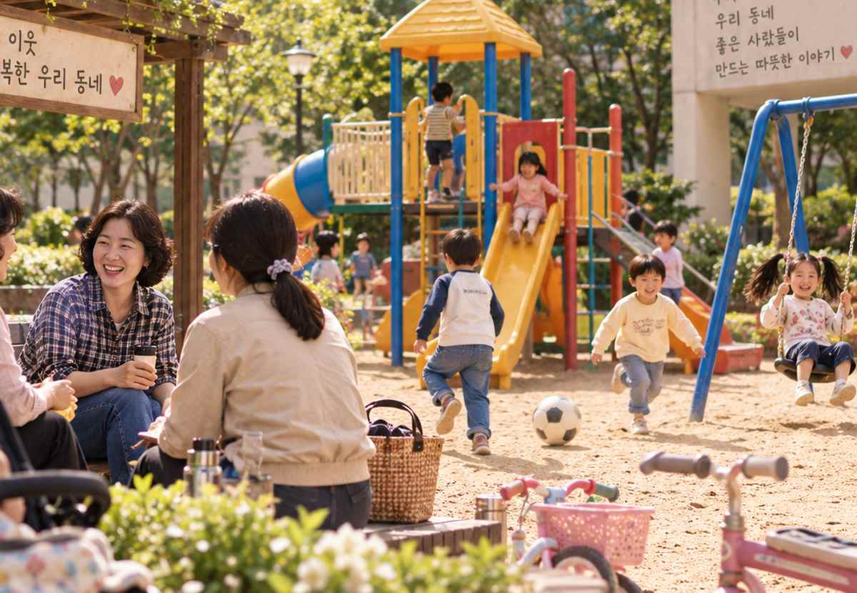 아파트 놀이터에서 아이들과 동네 사람들이 자연스럽게 마주치는 모습