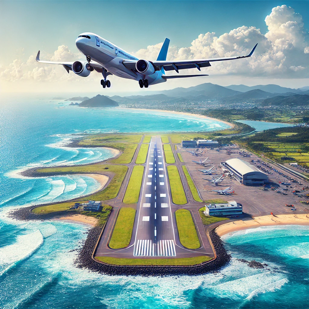 제주 공항에 착륙하는 비행기와 푸른 바다가 보이는 풍경