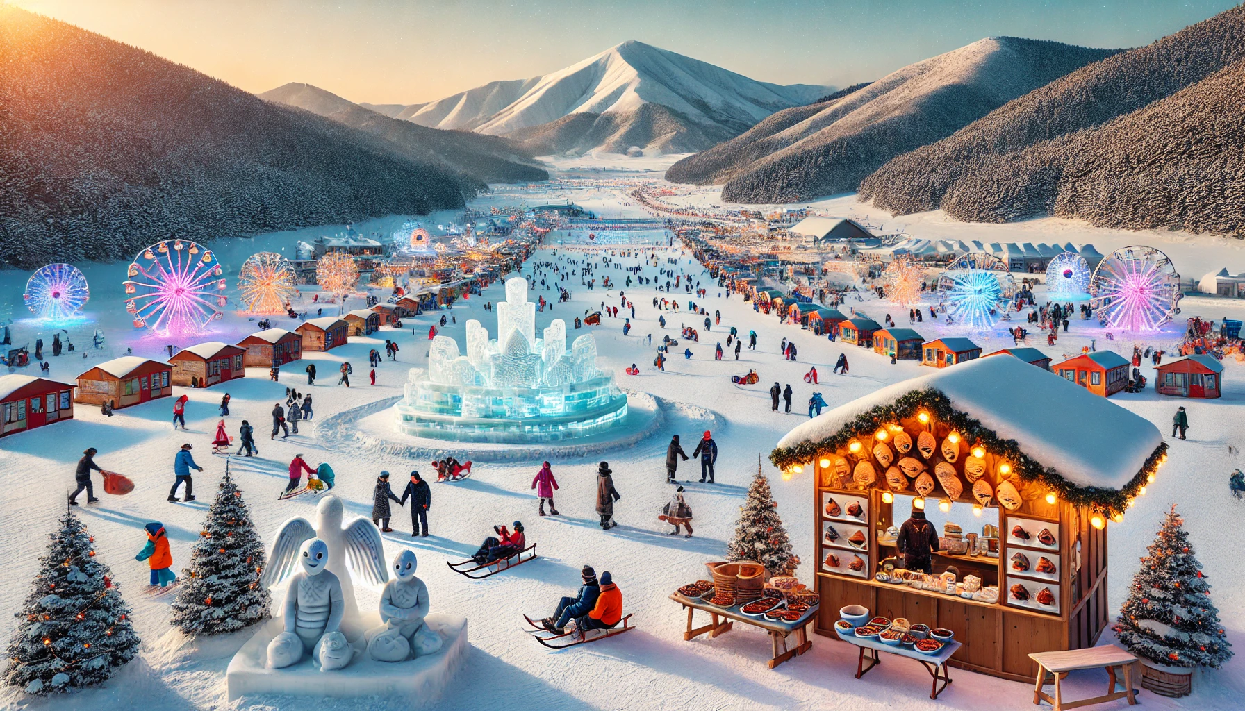 대관령 눈꽃축제의 현장 모습! 눈썰매, 얼음조각, 전통 간식이 함께하는 설원의 특별한 시간.