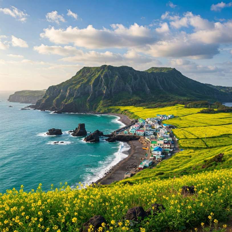 유네스코 세계 문화유산인 성산일출봉의 극적인 절벽을 보여주는 제주도 해안선의 숨 막히는 파노라마 전망. 활기찬 청록색 바닷물이 험준한 화산암에 부딪혀 매혹적인 광경을 연출합니다. 다채로운 집들이 있는 그림 같은 어촌 마을이 해안선에 매달려 있습니다. 유채꽃이 무성한 녹색 들판이 부드러운 바닷바람에 부드럽게 흔들립니다. 태양이 풍경에 따뜻한 황금빛을 드리우고 하늘은 푹신한 흰 구름으로 장식되어 있습니다. 제주도 고유의 자연환경의 아름다움을 보여주는 놀라운 선명도와 생생한 색상으로 고품질의 전문 사진으로 촬영되었습니다.