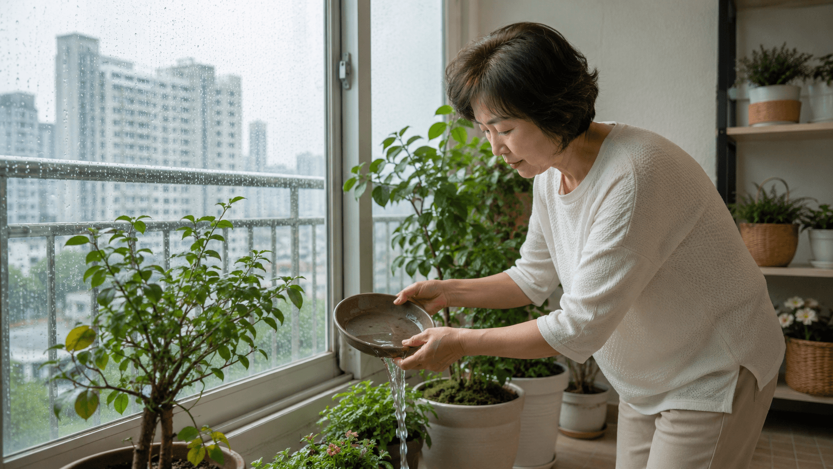 장마철 식물 과습 확인 기준을 설명하는 한국 가정의 실내 식물 관리 장면