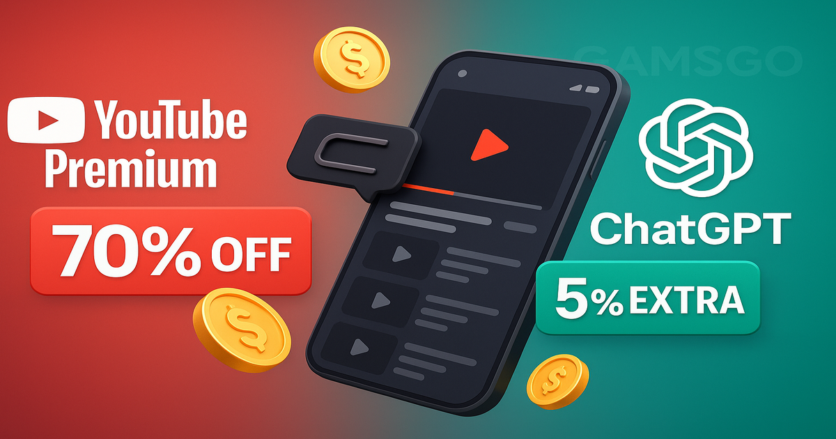 겜스고를 통한 유튜브 프리미엄과 ChatGPT Plus 할인 구독 서비스 안내 이미지 - 최대 70% 할인 프로모션