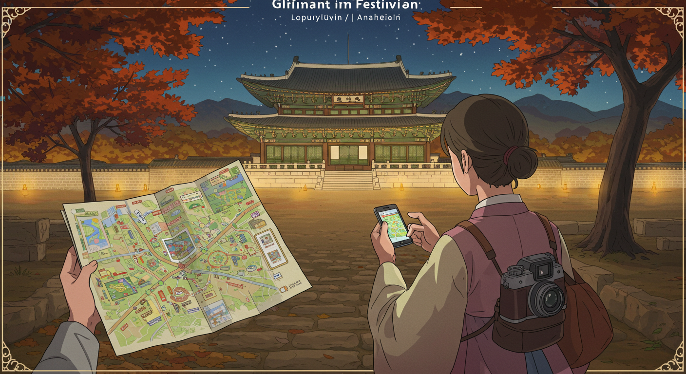 한복 차림으로 지도와 휴대폰을 보며 관람 준비를 하는 사람