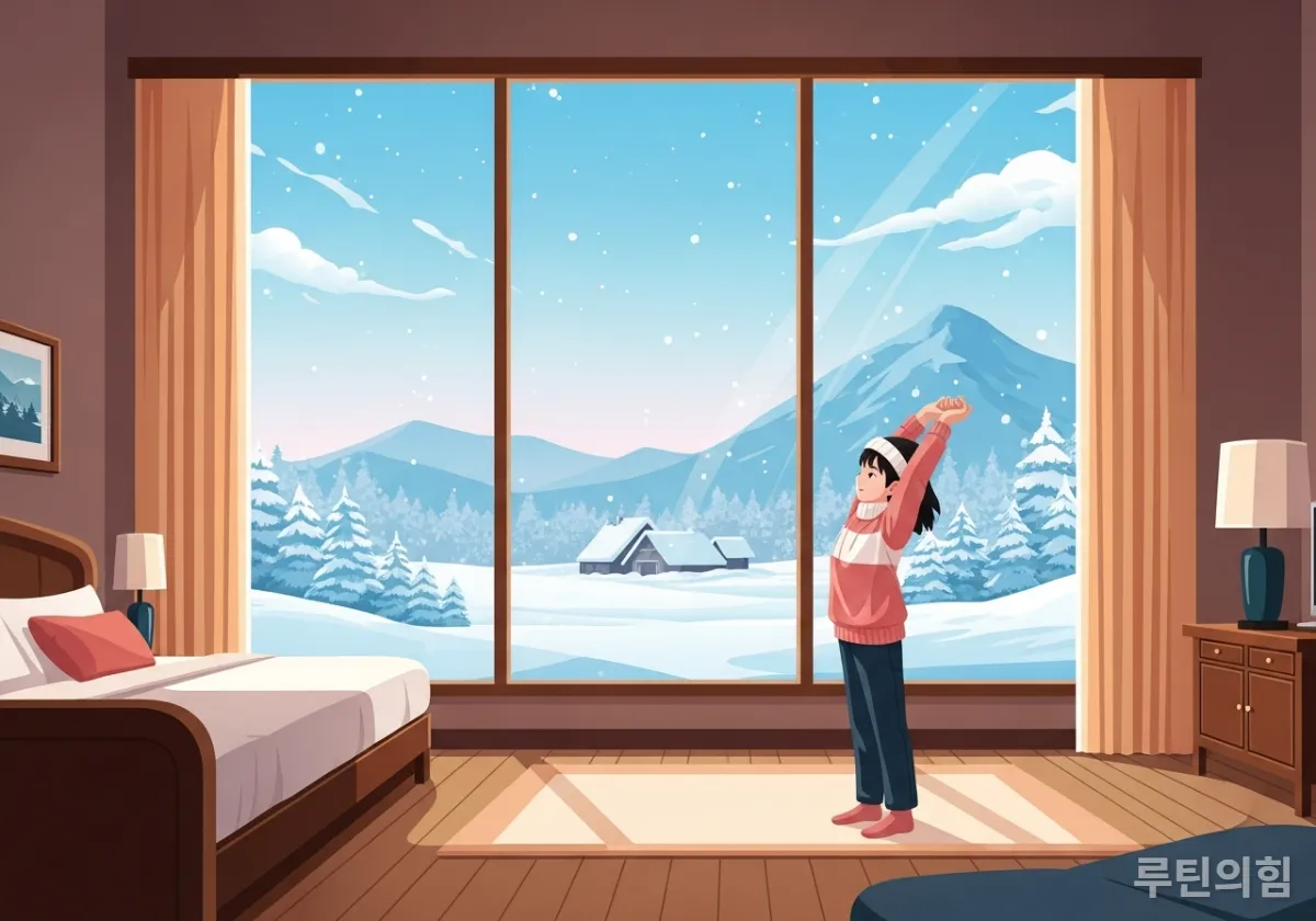 따뜻한 실내에서 창밖의 겨울 풍경을 바라보며 가볍게 스트레칭을 하고 있는 학생의 뒷모습