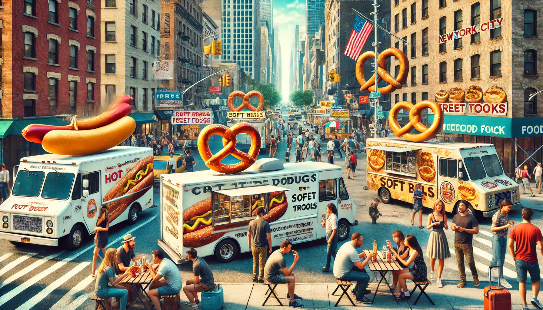 뉴욕 거리 곳곳의 핫도그 트럭, 프레첼, 푸드트럭에서 먹는 사람들 모습