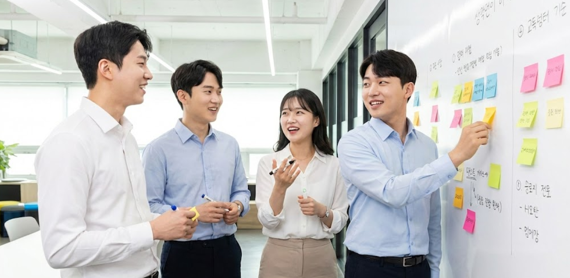 팀 프로젝트 중 발생한 갈등을 조율하며 화이트보드에 대안을 적는 모습