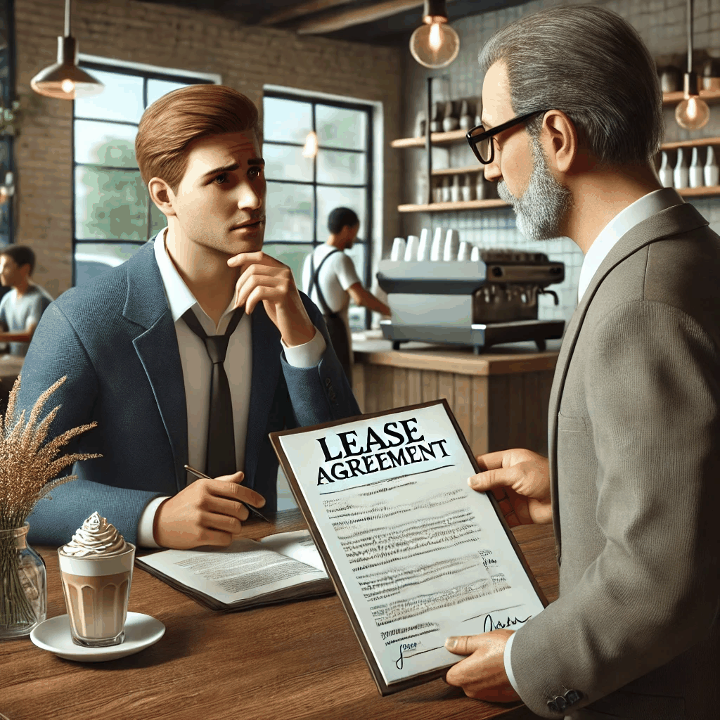 카페에서 소상공인이 임대인과 상가 임대차 계약서를 검토하며 논의하는 모습