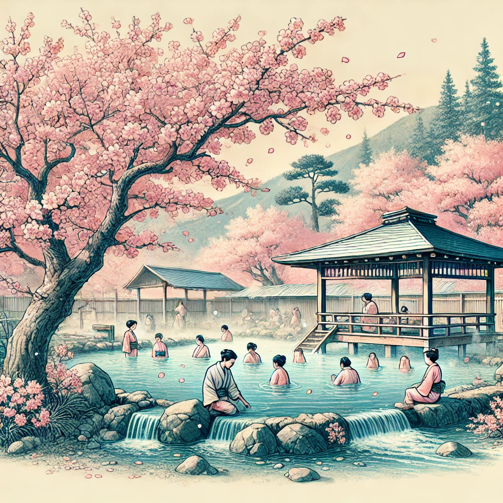벚꽃 아래서 온천하는 사람들 이미지
