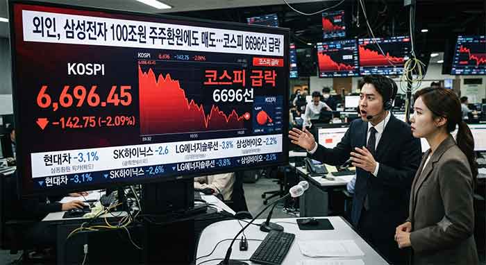 주가 하락을 보여주는 증권 시장 화면과 당황한 사람들.