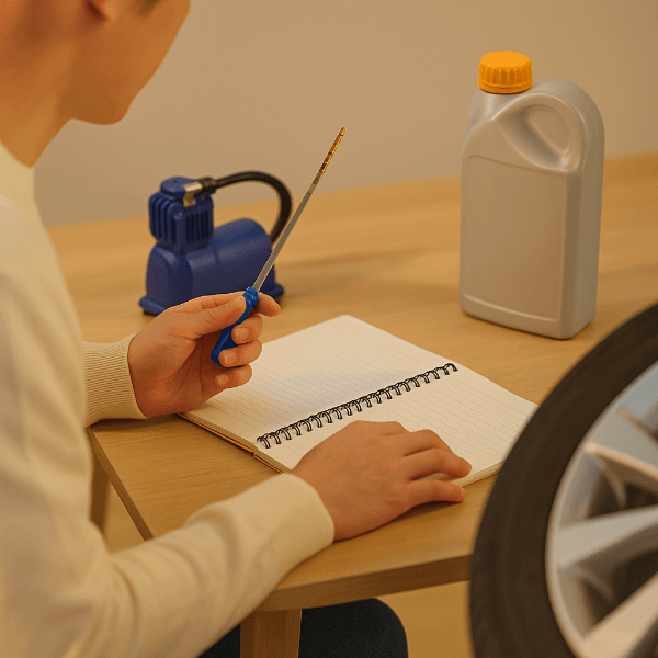 타이어&middot;엔진오일 교체 시기를 고민하며 실내에서 차량 점검을 준비하는 모습