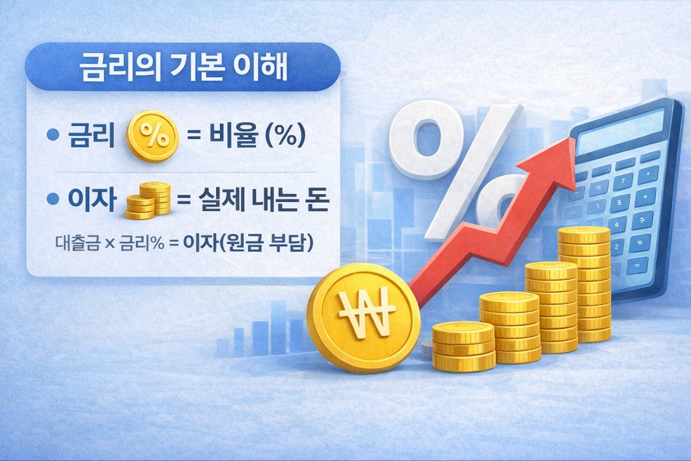 금리는 비율이고 이자는 실제로 내는 금액이라는 개념을 동전과 퍼센트 기호로 설명한 금융 교육용 인포그래픽 이미