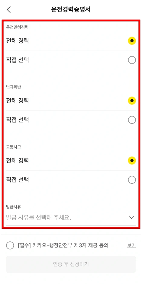 운전면허경력과 법규위반, 교통사고 기간을 설정한 후 발급 사유를 선택