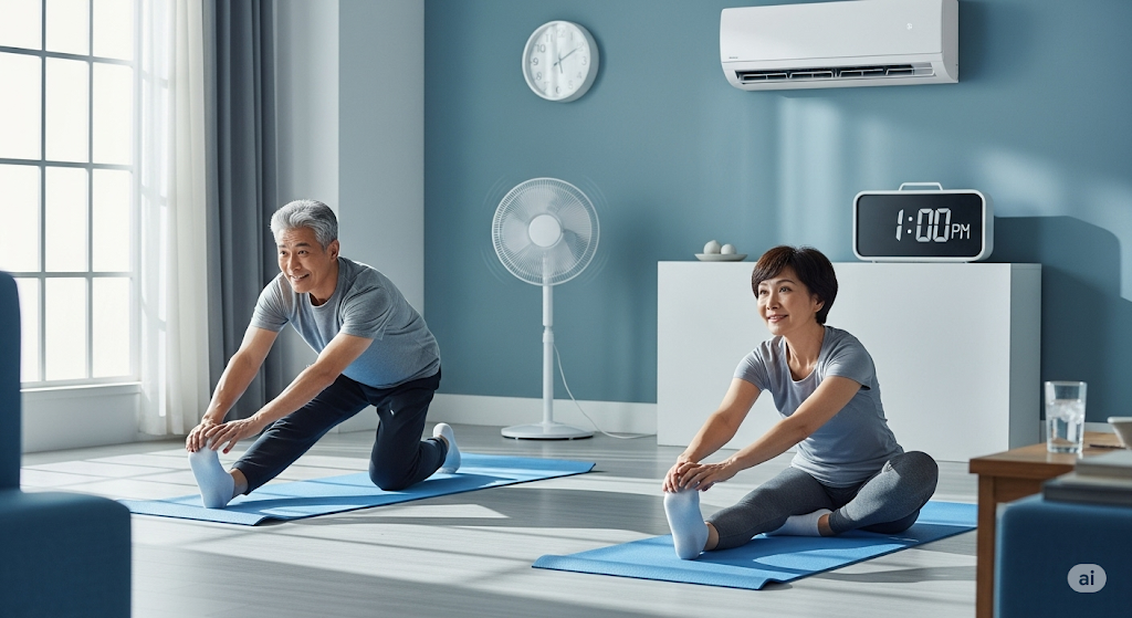 에어컨 선풍기 스트레칭 중년 시니어 운동