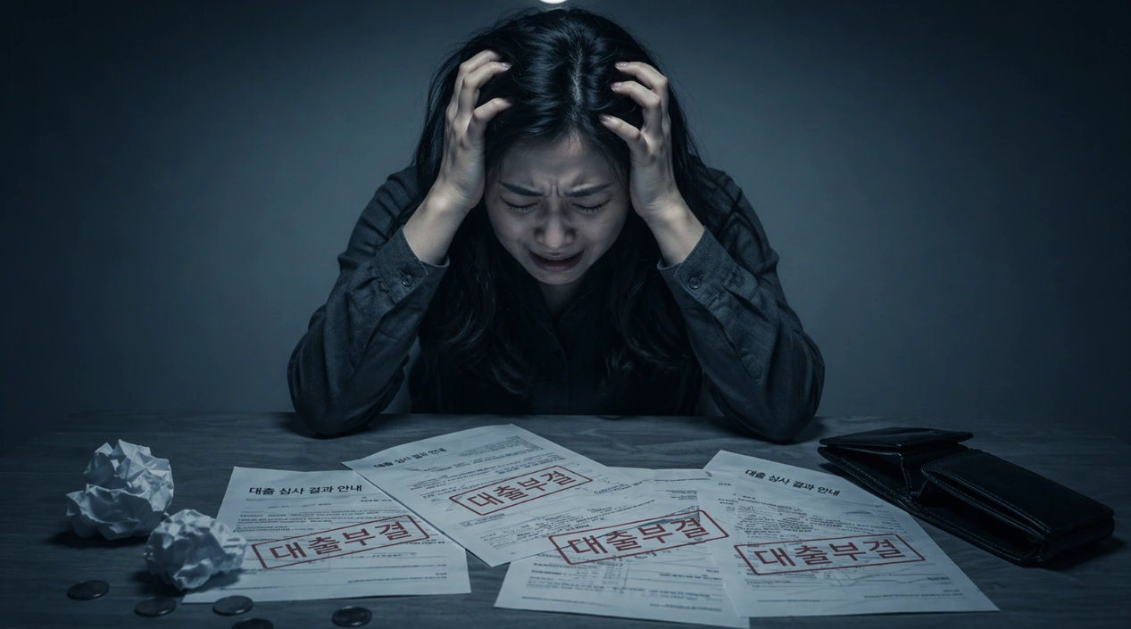 대출 부결 통보를 받고 절망하는 무직자 여성의 모습