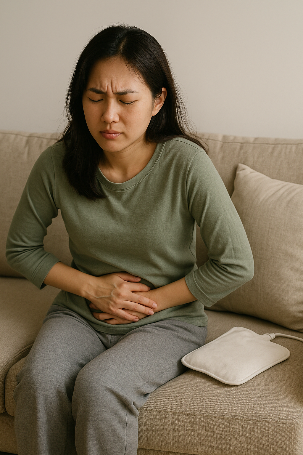 소파에 앉아 아랫배를 부여잡고 통증을 참는 여성, 옆에 온열팩이 놓인 장면