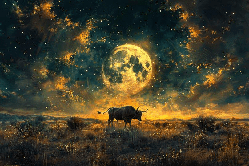 별이 쏟아지는 들판 위 황소