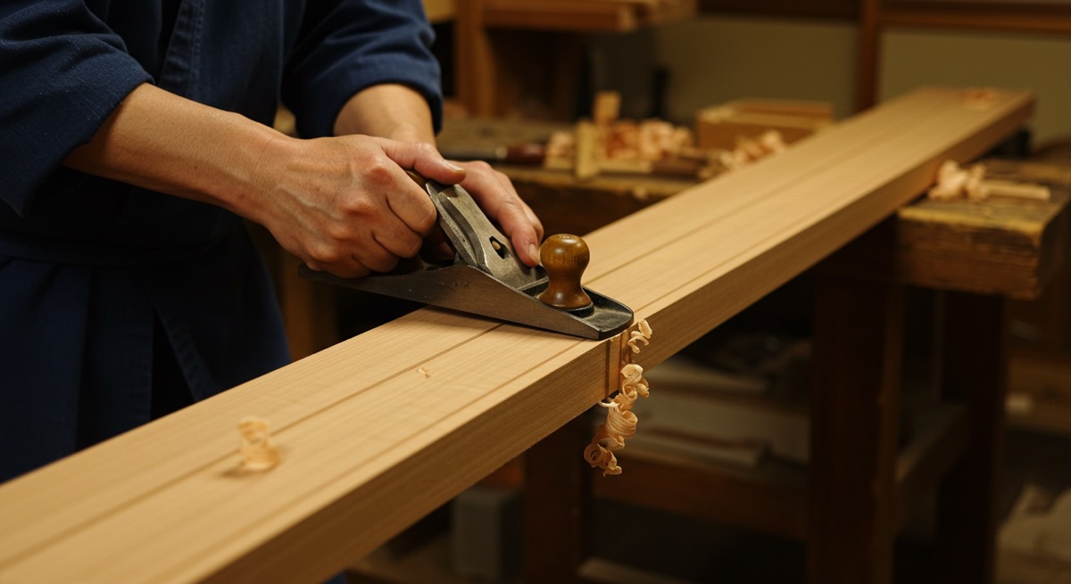 일본 목공 장인이 케즈로우카이 대회에서 대패질 가상 시연을 하는 모습