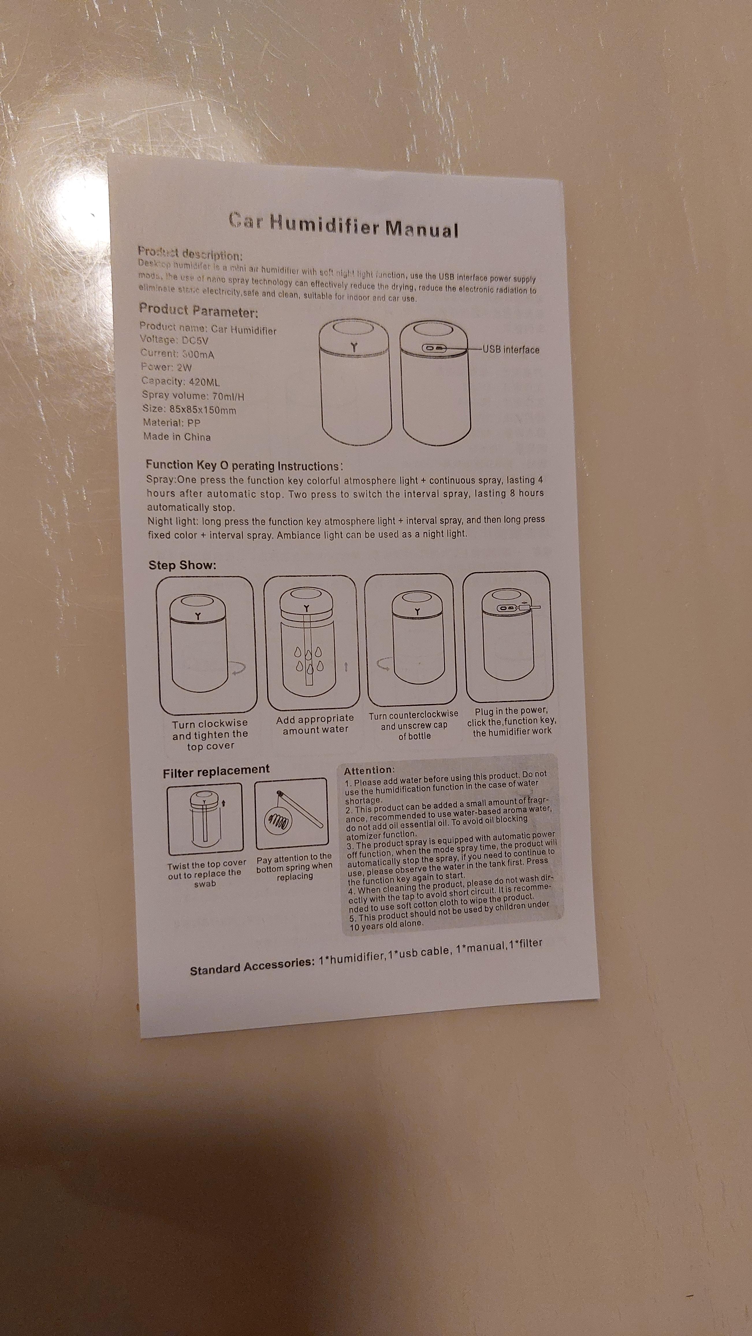 알리 탁상용 가습기 메뉴얼 영문