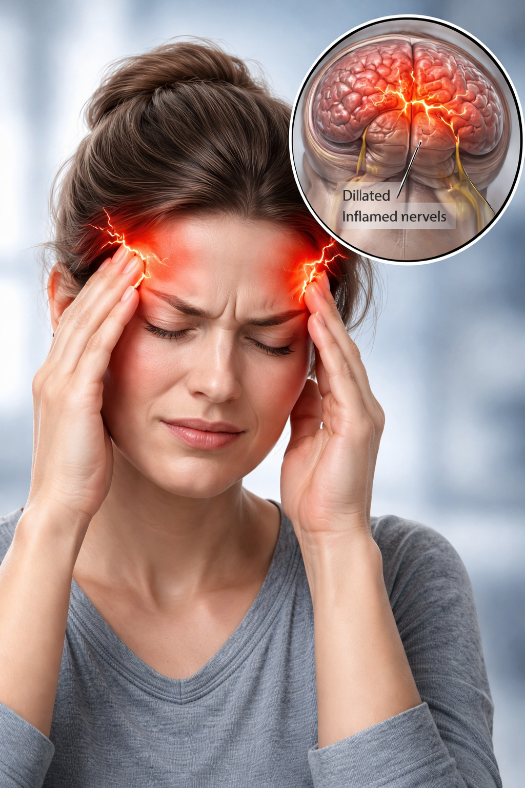 여성이 편두통으로 머리를 잡고 고통스러워하는 사진