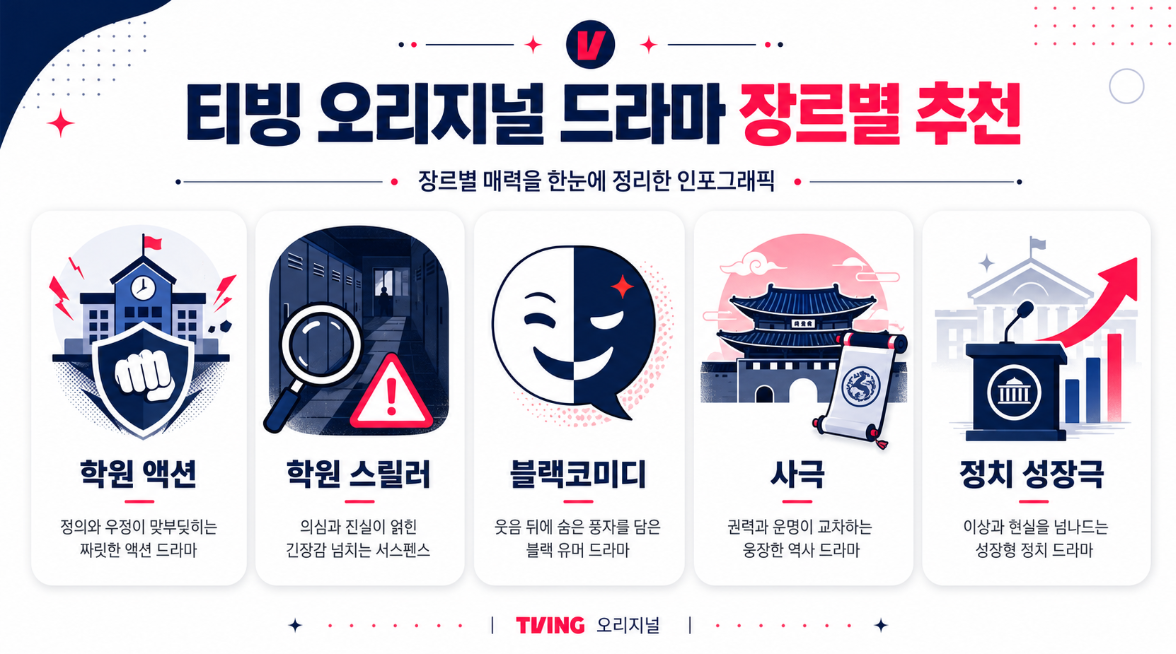 티빙 오리지널 드라마를 학원 액션 사극 스릴러 로맨스 장르별로 정리한 인포그래픽 이미지