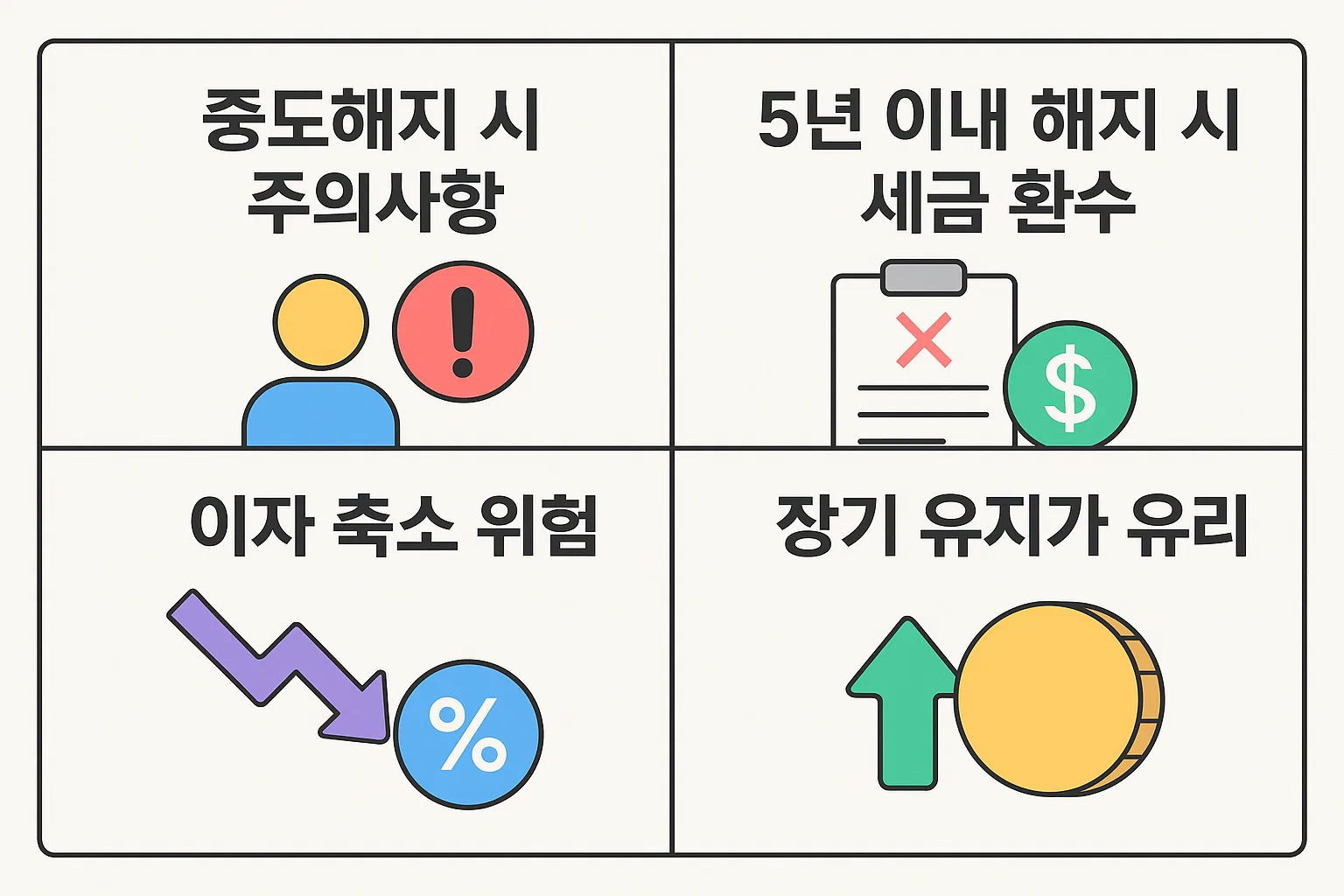 5년 이내 해지 시 세금 환수, 이자 축소 위험, 장기 유지의 중요성을 안내하는 시각 자료