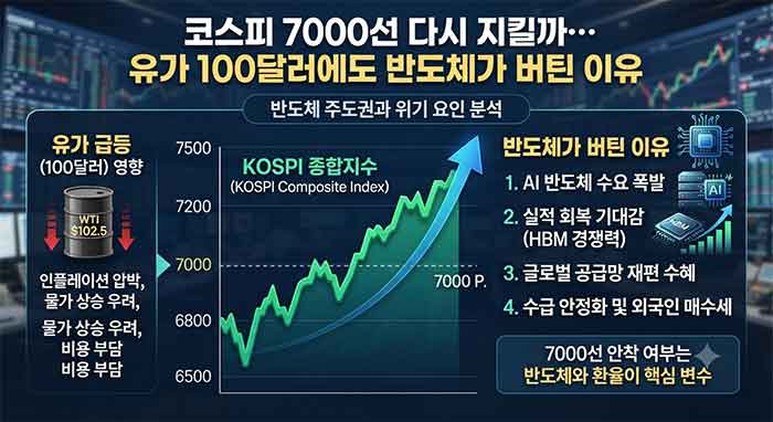 유가 100달러와 코스피 7000선 및 반도체 분석 인포그래픽.
