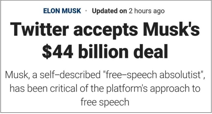 머스크, 트위터 인수로 도지코인 등 암호화폐 급등 Dogecoin jumps more than 20% after Twitter agrees to Elon Musk’s buyout deal