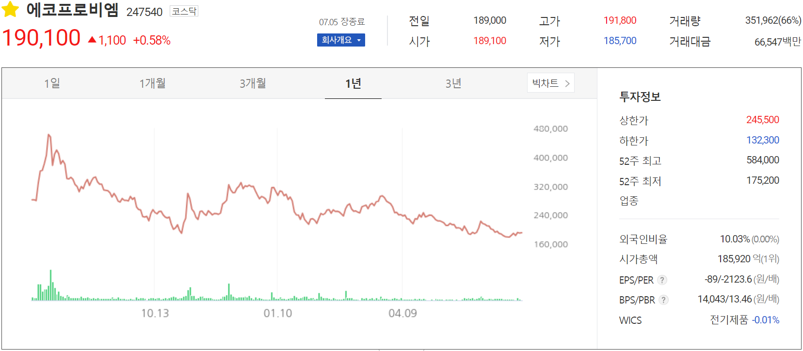 에코프로비엠 - 주가 정보(2024.07.05)
