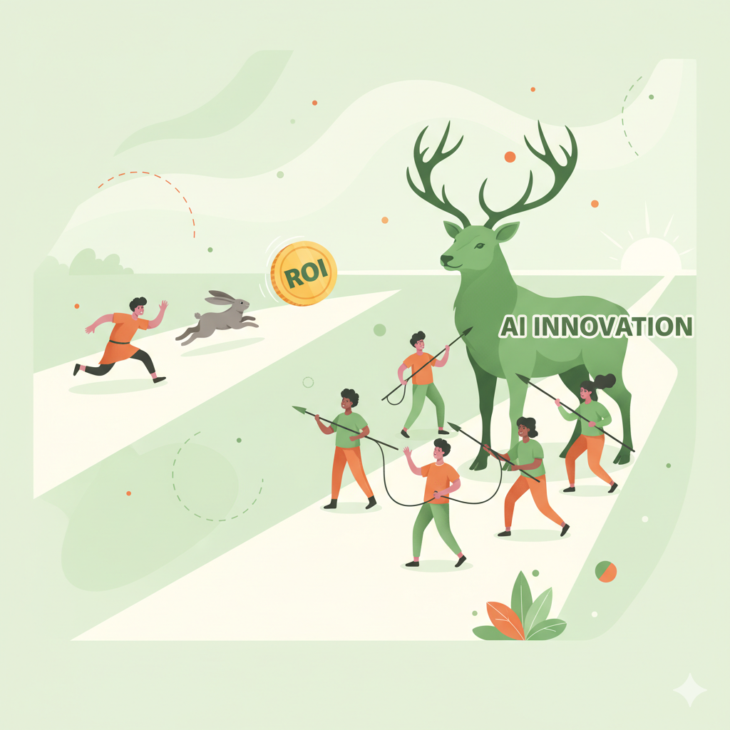 AI 도입의 두 가지 길을 보여주는 일러스트. 한 명은 단기 ROI라는 토끼를 쫓고, 다른 그룹은 AI 혁신이라는 사슴을 함께 사냥하고 있습니다.