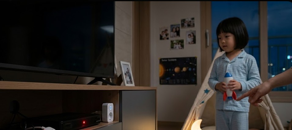 밤늦은 시간 거실 가전제품에서 발생하는 대기전력 빨간 불빛과 아이와 함께하는 에너지 절약 교육 및 NASA 우주선 전력 관리 기술 비교