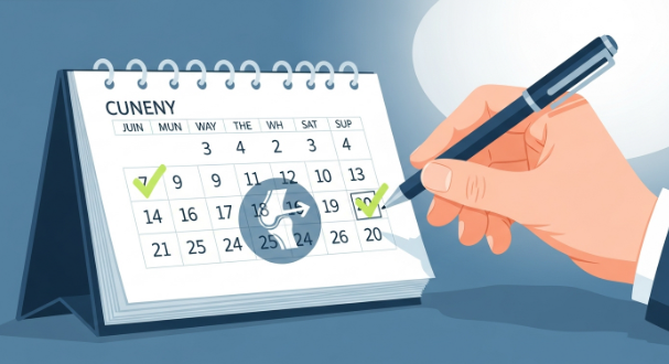 달력에 운동 일정을 체크하며 무릎 건강 관리에 꾸준히 임하는 모습. 운동 기록의 중요성을 상징하는 이미지.