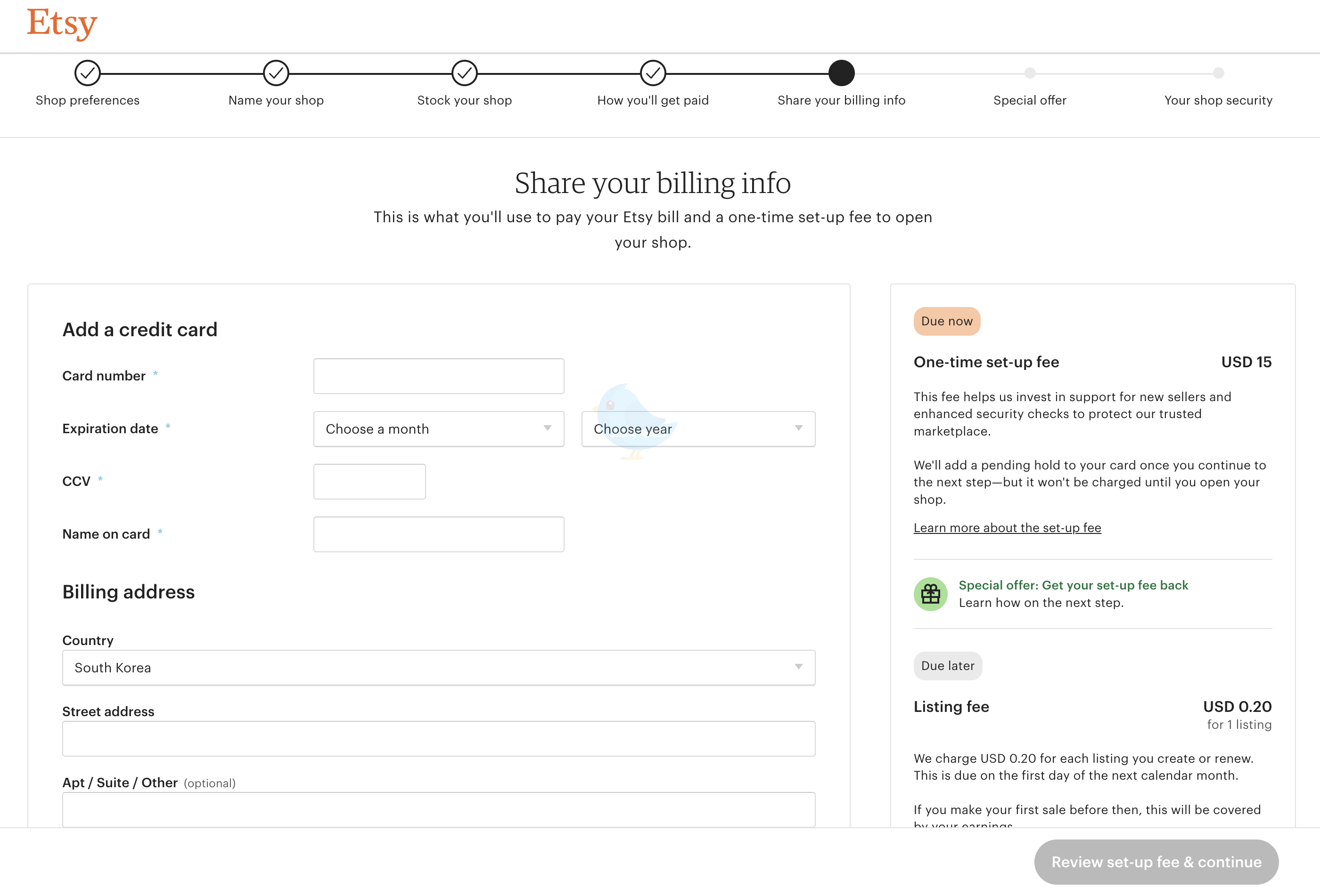 Share your billing info, 엣시샵 개설(카드입력 정보)