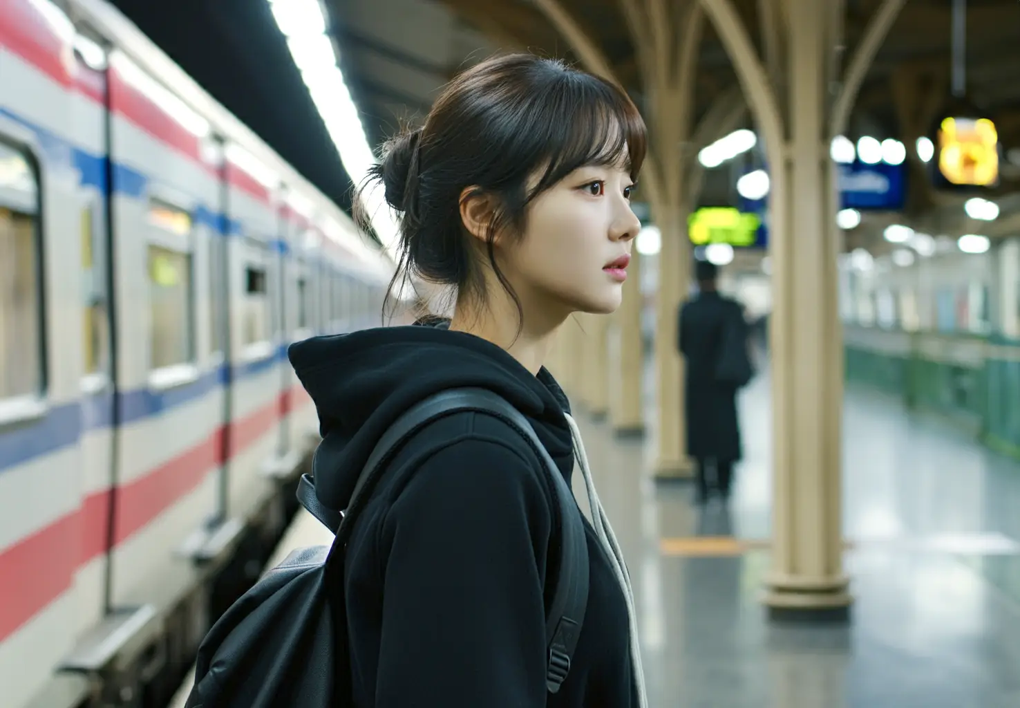 기차를 타기 위해 기다리는 여성