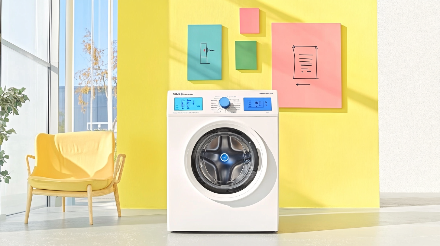 최신 AI 기술을 활용해 세탁물을 분석하는 현대적인 세탁기 건조기의 모습, 사용자 편의성을 강조하는 밝은 공간.