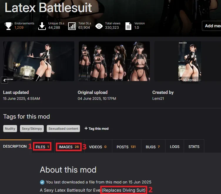 스텔라 블레이드 Nexus Mods 모드 상세페이지 Files 다운로드 선택