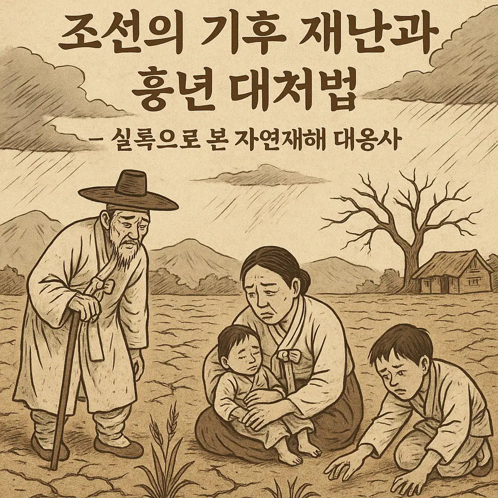 조선 시대 흉년 속 백성들의 고통을 전통 한국화풍으로 표현한 삽화, 제목 포함